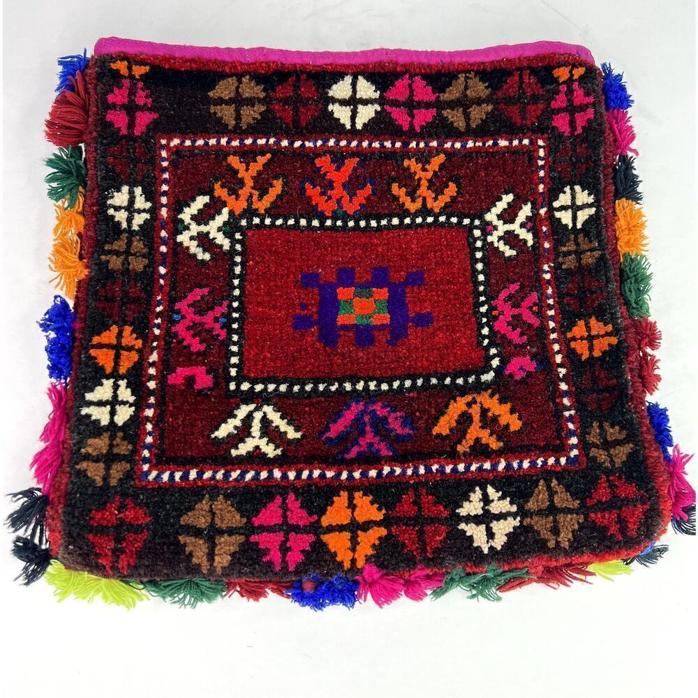 Vintage Handmade Persian Rug Double Sided Square Pouch Bach Tassels Pom Pom